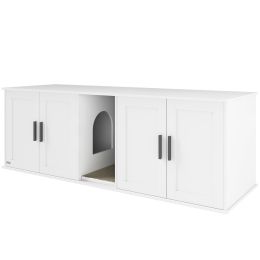 Cat Litter Box Enclosure with Double Room, Scratching Mat for 2 Cats, 57" x 19" x 20", White