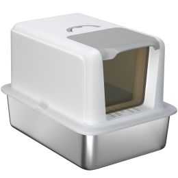 2 in 1 Stainless Steel Cat Litter Box with Removable Lid, Scoop, Filter Bags, for Small to Large Cats, White