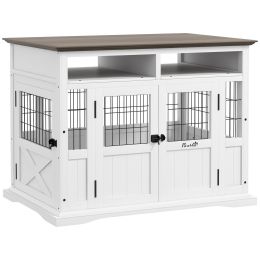 Dog Kennel Furniture Side End Table with Storage Double Doors Small Medium Dogs White