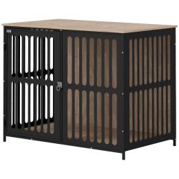 39" Dog Crate Furniture w/ Anti-Chew Resistant Mesh, Anti-Escape Single Door, for Large Dogs, Walnut Brown