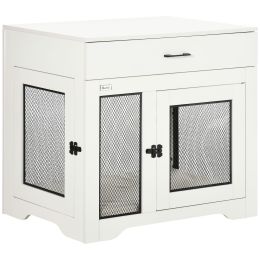 Stylish Dog Crate End Table White with Cushion Dog Cage Kennel Drawer 2 Doors Small Dogs Indoor Crate