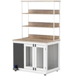 39" Dog Crate Furniture for Large Dogs w/ Storage Shelf, Three Doors, Blackboard & Non-slip Foot Pads, White