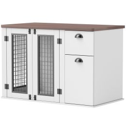 44" Furniture Dog Crate with Double Door, Storage & Drawer for Medium Sized Dogs, White