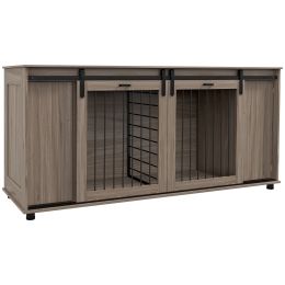 71" Modern Dog Kennel Furniture with Removable Divider, Storage, for 2 Small Dogs or 1 Large Dog, Walnut
