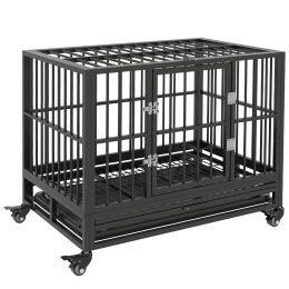 Heavy Duty Dog Cage 36 Metal Kennel with Lockable Wheels Double Door Removable Tray Gray