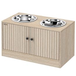 Elevated Dog Bowls with Storage Cabinet, 2 Stainless Steel Bowls, Slow Feeder, Dog Feeding Station for Large Dogs, Oak