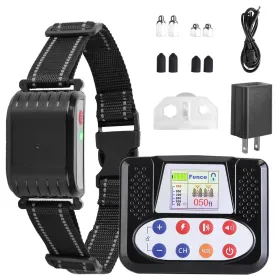 990FT Range Dog Wireless Fence Remote Training Collar IPX6 Waterproof Receiver with 0-9 Levels Beep Vibration Shock Mode 4 Channels Rechargeable (Option: Fence)