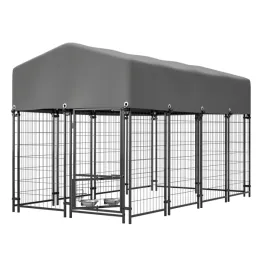 Dog Kennel Outdoor With Roof, 4.23'x7.81'x4.83' Welded Wire Enclosure, Heavy Duty Dog Crate With UV-Resistant Waterproof Cover, Double Lock & Rot (Option: Defaulttitle)